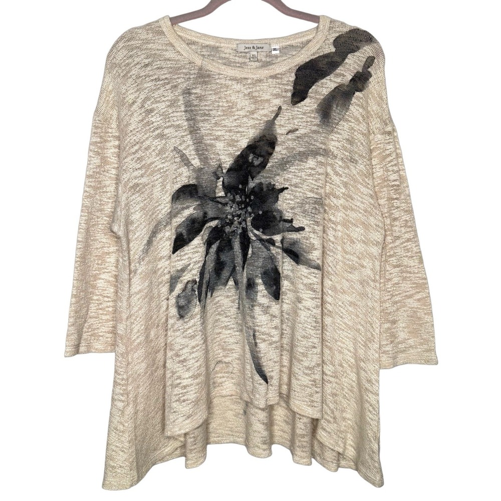 Jess & Jane Women's XL Tunic Sweater Top Floral Asymmetric Artsy Made In USA